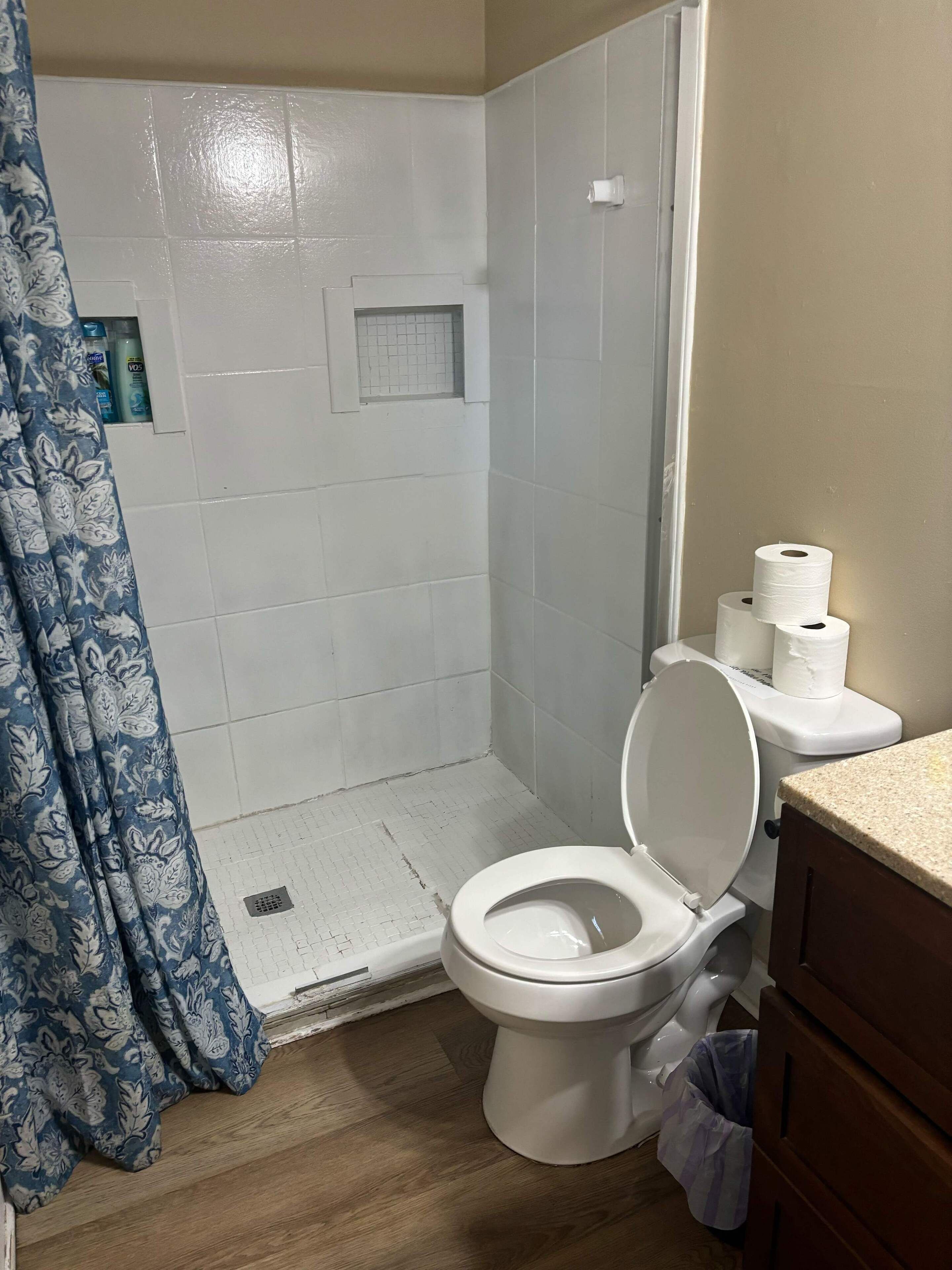 A bathroom with a toilet, shower, and a blue patterned shower curtain.