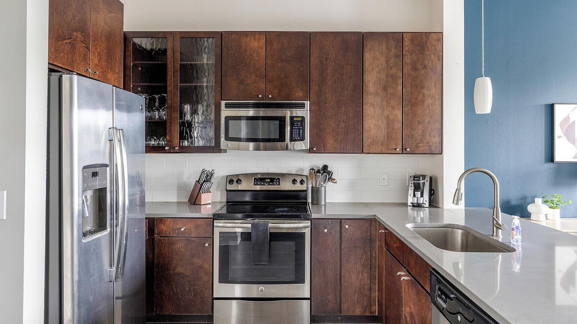 A modern kitchen with stainless steel appliances, dark wooden cabinets, and a blue accent wall.