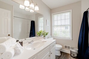 Shower, hair dryer, towels