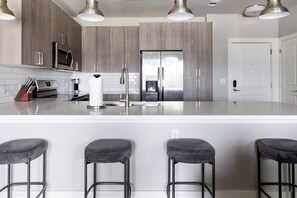 Fridge, dining tables