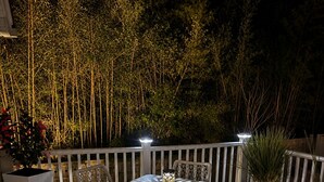 Una terrazza esterna con tavolo e sedie, circondata da un parapetto bianco, con sullo sfondo bambù e alberi.