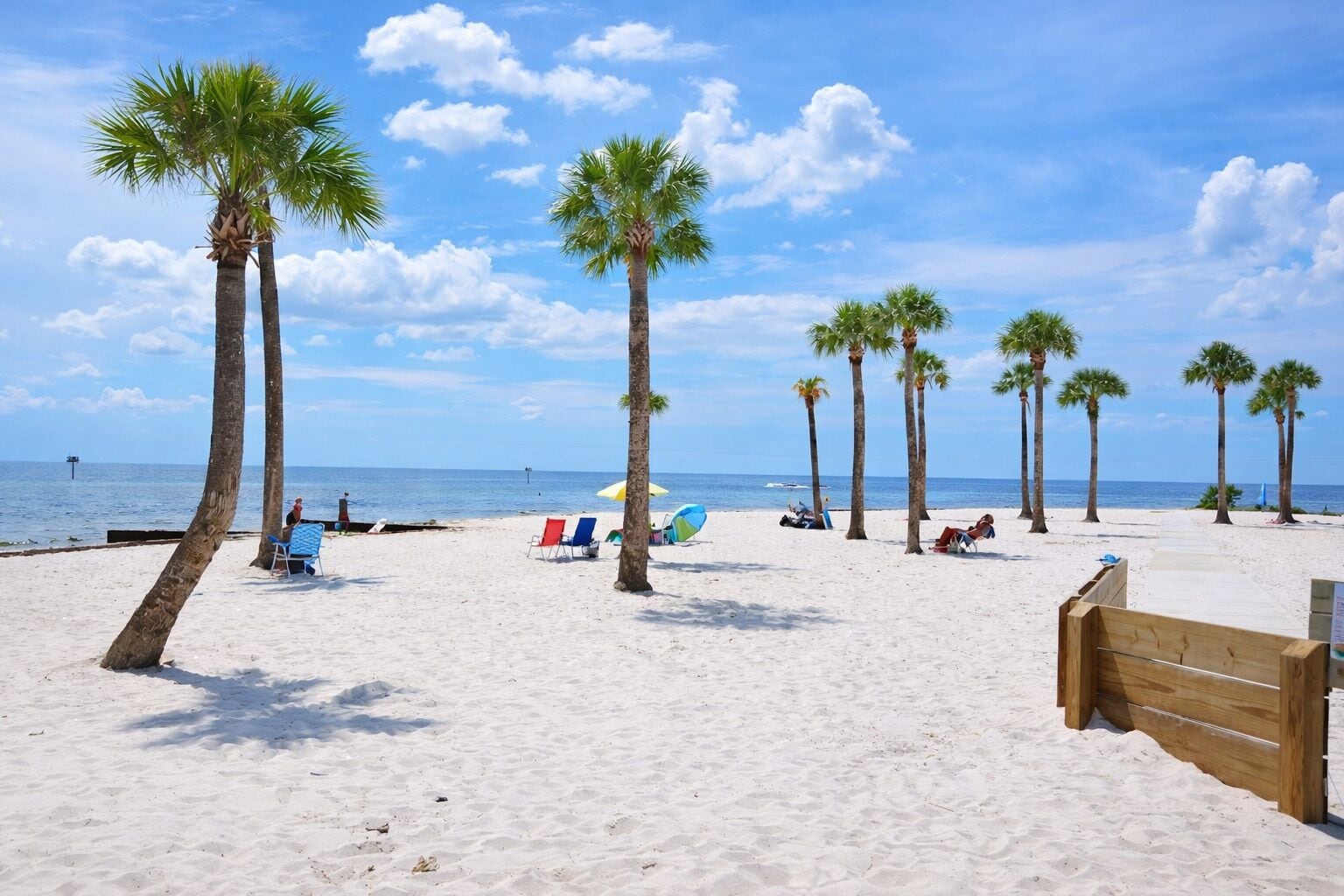 A beach with palm trees, beach chairs, and umbrellas.