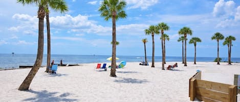 A beach with palm trees, beach chairs, and umbrellas.