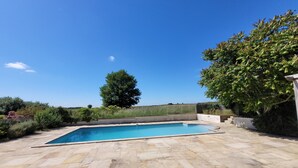 A rectangular swimming pool with a stone deck, surrounded by greenery and a clear blue sky.