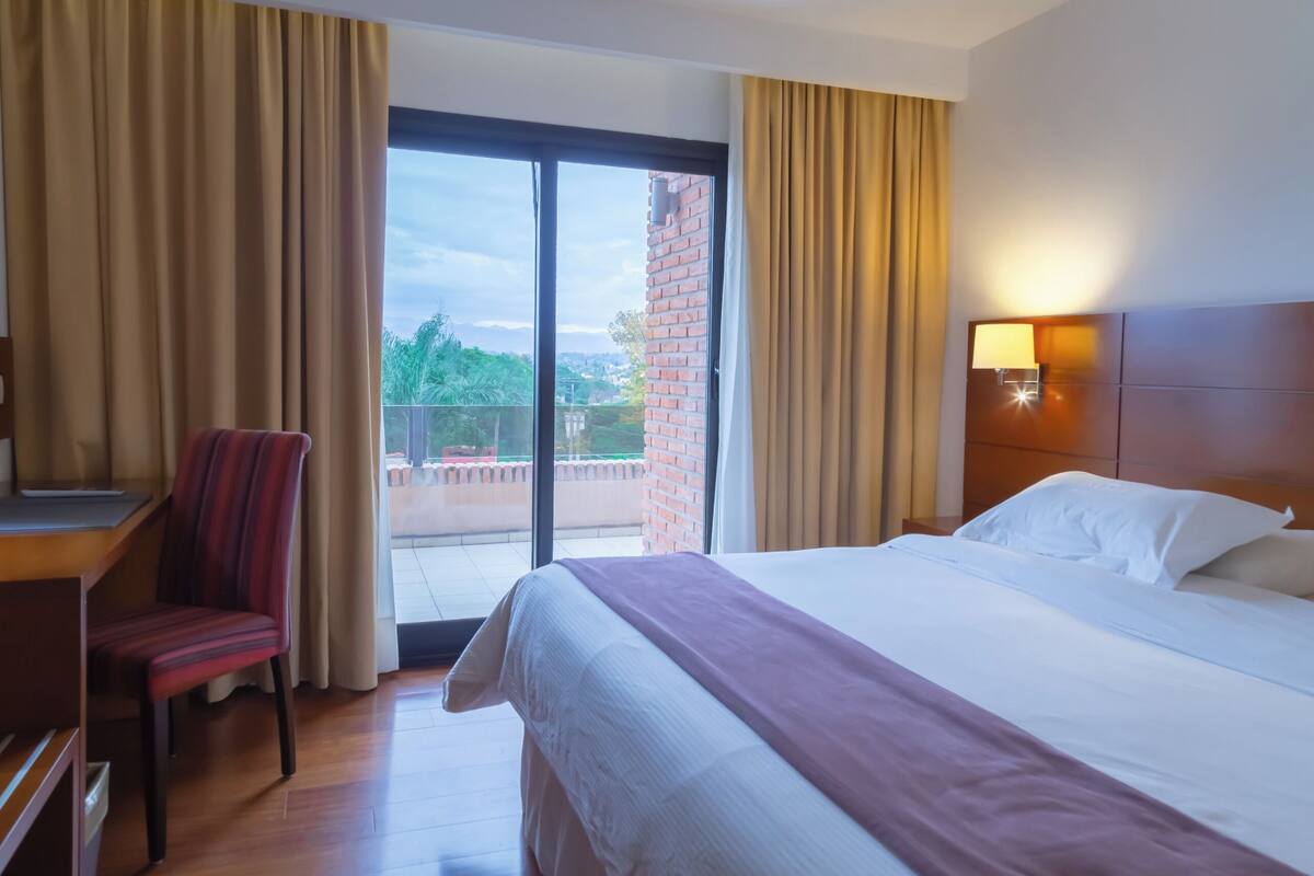 A hotel room with a bed, a desk, a chair, a window with curtains, and a view of greenery outside.
