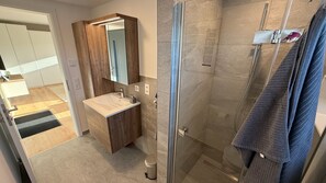 Douche, sĂšche-cheveux, serviettes fournies, papier toilette