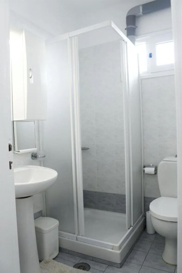 Shower, hair dryer, towels, toilet paper