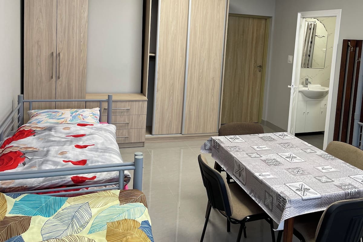 Un dormitorio con cama, escritorio, armario y baño.