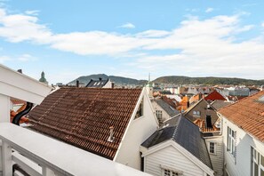 Vista de um horizonte urbano com edifícios tradicionais e uma montanha ao longe.