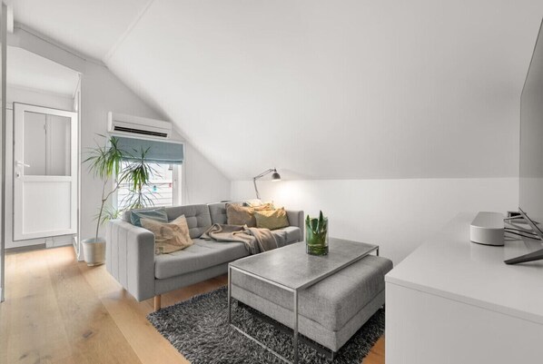 A modern living room with a grey sofa, a coffee table, and a potted plant.