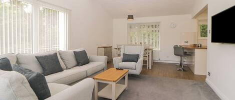 A modern living room with a sofa, a coffee table, and a dining area with a chair and table.