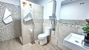 Shower, hair dryer, towels, soap