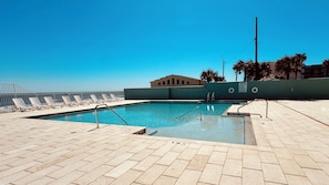 Outdoor pool, open 8:00 AM to 9:00 PM, sun loungers