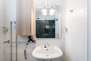 Shower, hair dryer, towels