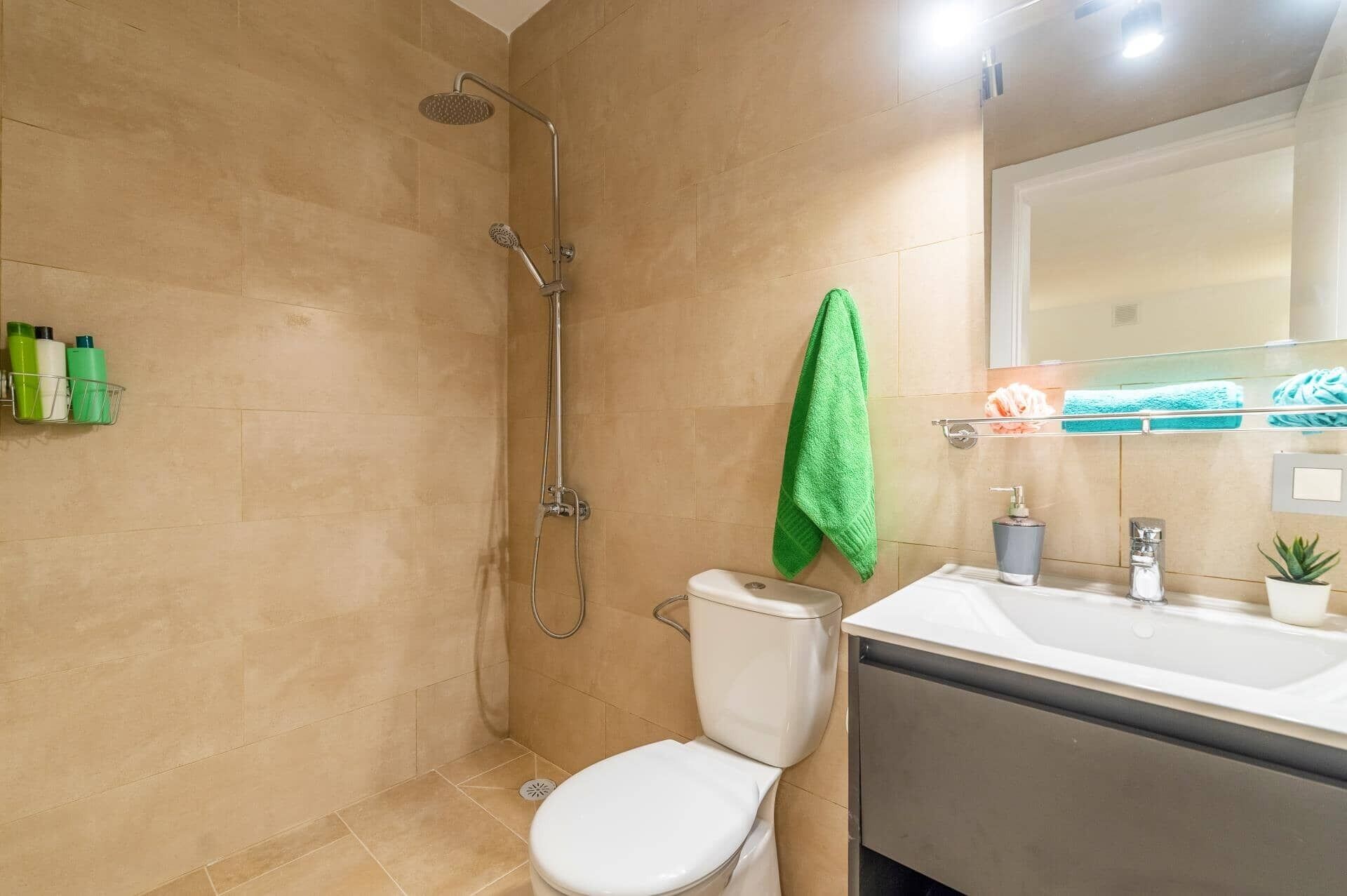 Et badeværelse med bruser, toilet, vask og spejl.