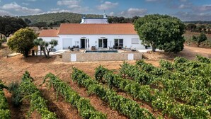 Ein weißes Gebäude mit rotem Ziegeldach, umgeben von Weinbergen und einem Steinebecken im Vordergrund.