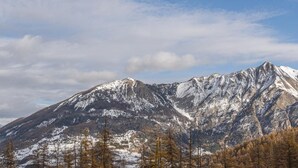 A mountain landscape with snow-covered peaks and a forest in the foreground. - 40m from ski slopes, 1st floor, fitness, swimming pool, sauna, balcony, tv, ski locker, 30-38m² (Les Orres)