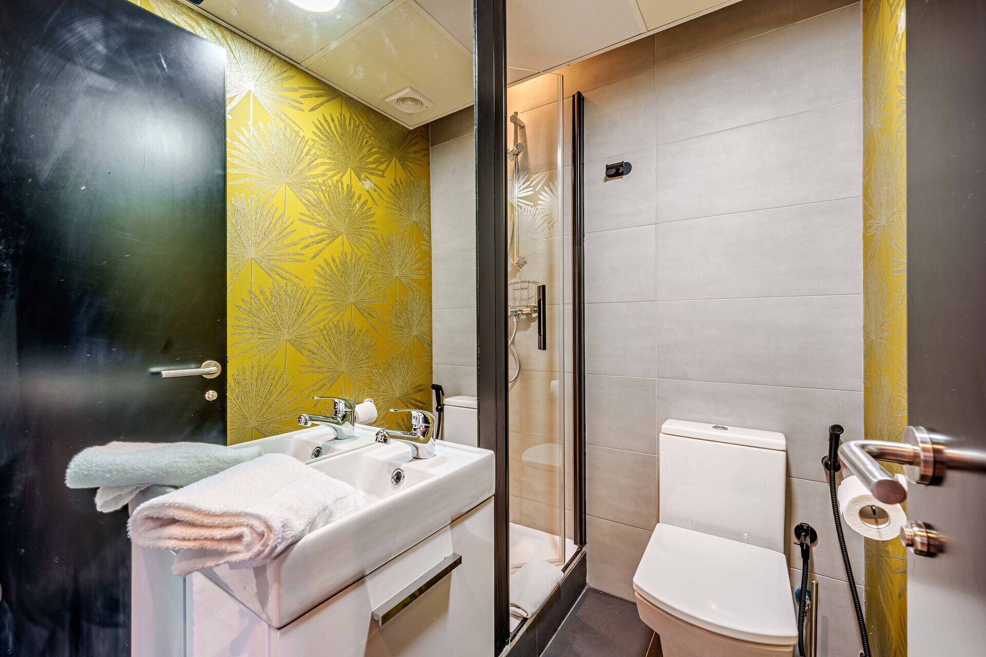 Une salle de bain avec un lavabo, des toilettes et une douche.