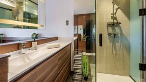 Une salle de bain moderne avec une douche à l’italienne en verre, un meuble-lavabo avec un miroir et une plante.