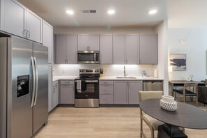Fridge, dining tables