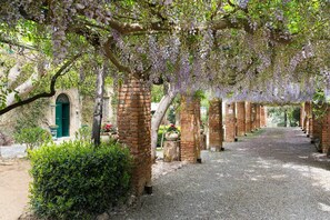 A gravel pathway lined with brick pillars and arches, covered by purple wisteria vines. - Villa Milo with pool and hot tub - My Rental Homes (Capo D'orlando)
