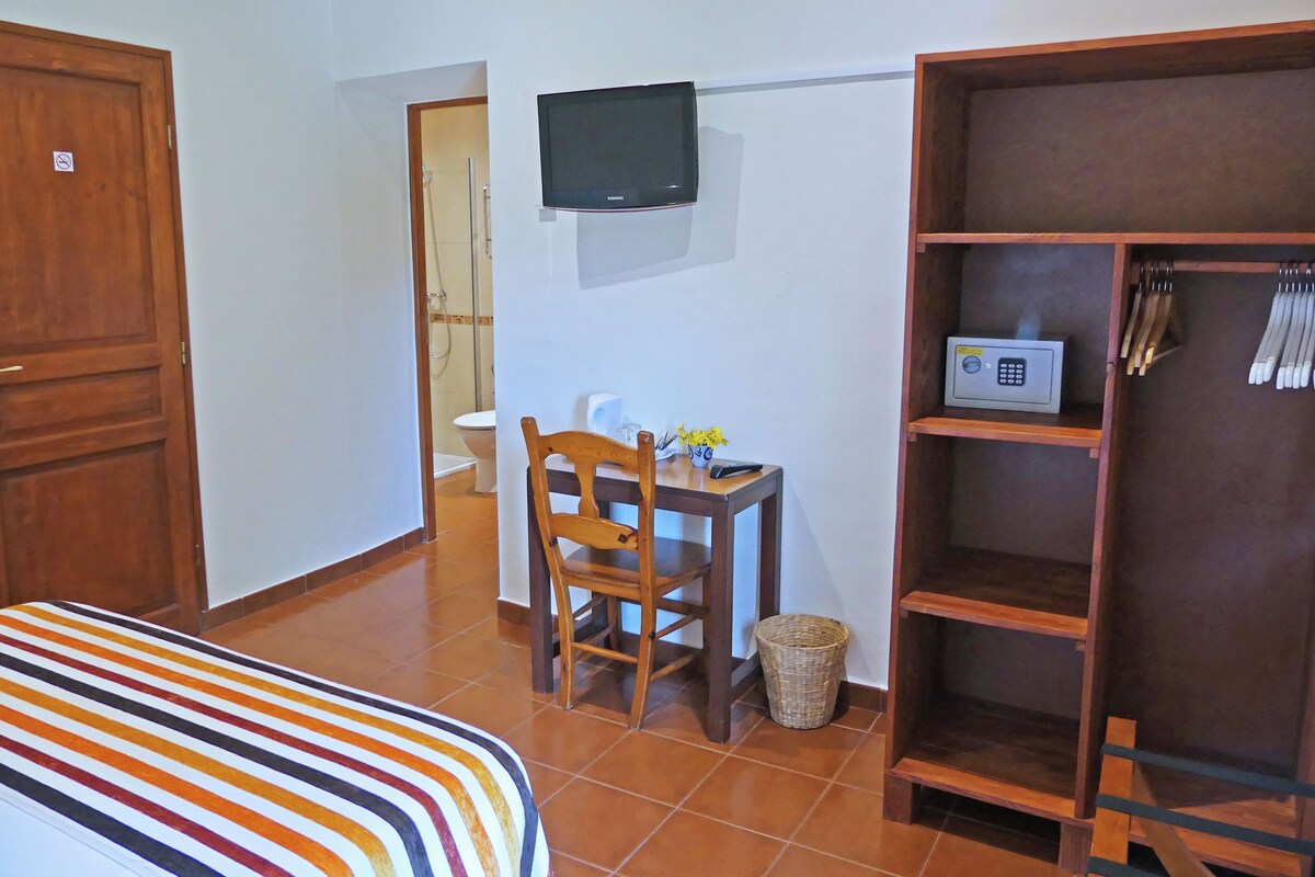 Hotelkamer met een bed, een bureau met stoel, een televisie, een klein kastje met keukengerei, en een badkamer zichtbaar door een geopende deur.