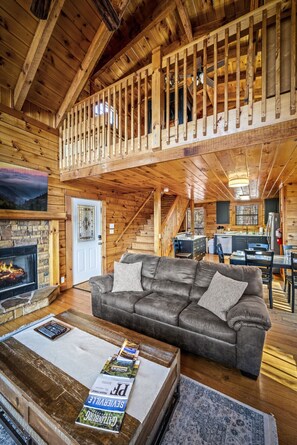 Smart TV, fireplace, foosball