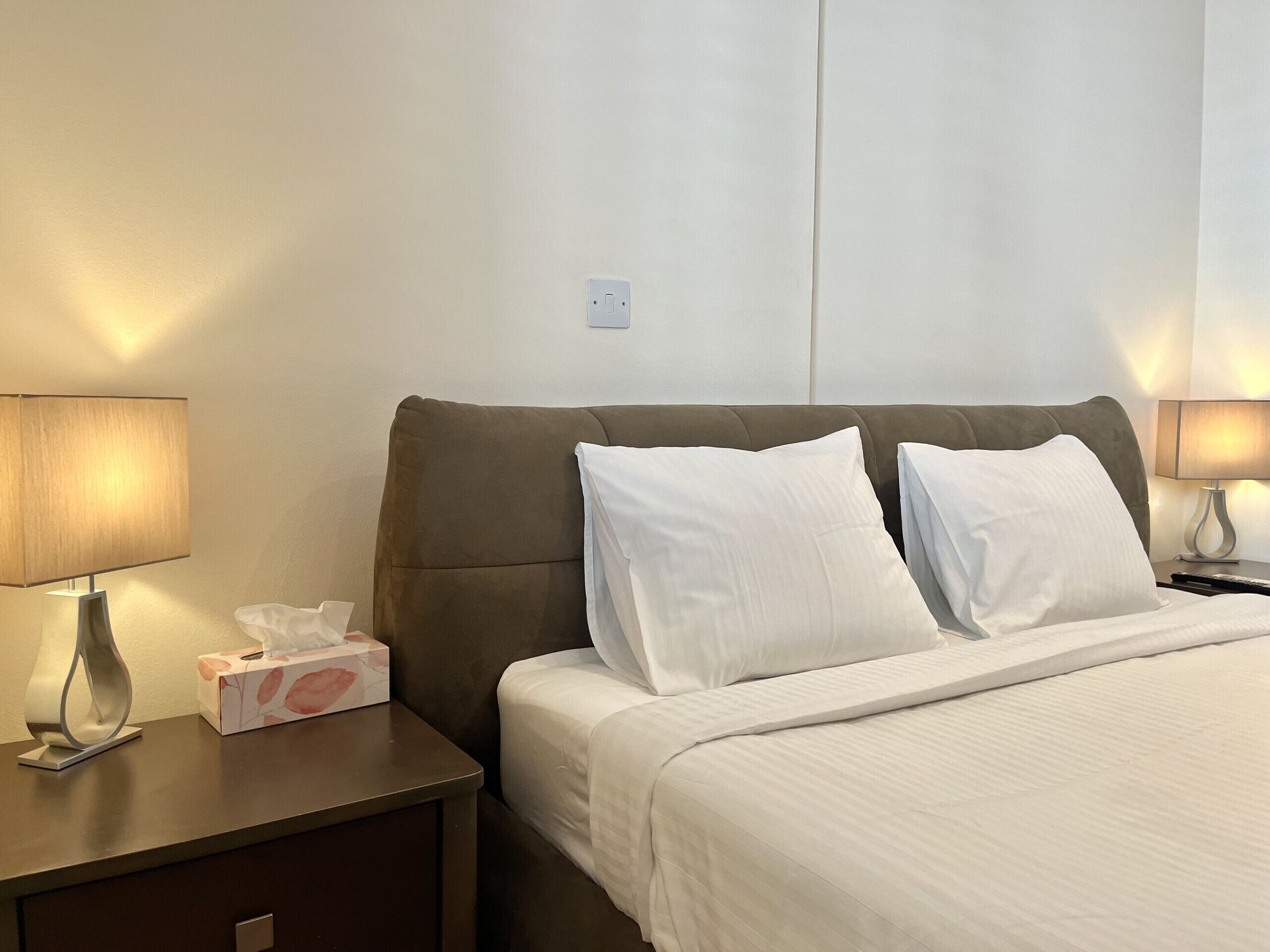 Een hotelkamer met een net opgemaakt bed, twee bedlampjes, een nachtkastje met een zakdoosje en een stopcontact.