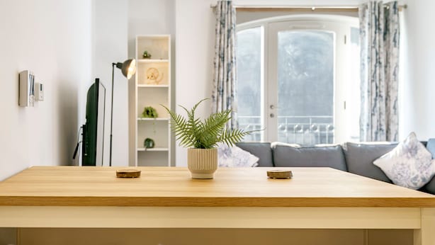 Un comedor moderno con una mesa de madera, dos sillas blancas, una planta en maceta y una estantería al fondo.