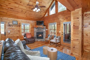 Smart TV, fireplace, books