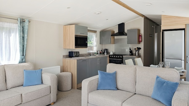 A modern living room with two sofas and a coffee table, a kitchenette with a microwave and toaster, and a dining area with a table and chairs.