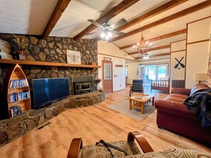 TV, fireplace, books