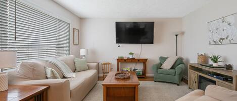 Smart TV, fireplace, books, offices