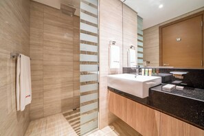 Shower, hair dryer, towels