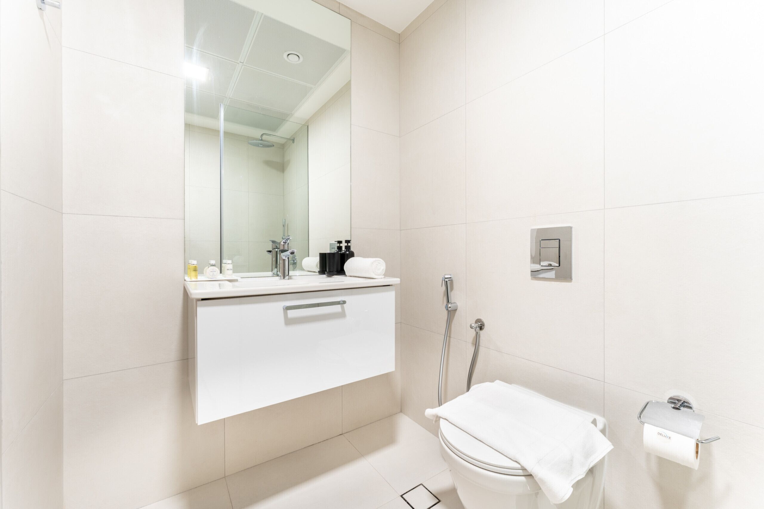 Chuveiro, secador de cabelo, toalhas de banho, sabonete