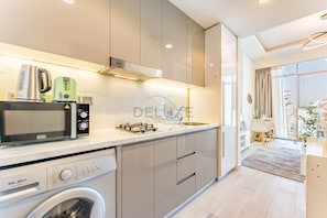 Fridge, microwave, oven, toaster