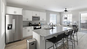 Fridge, dining tables