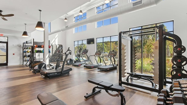 A spacious gym with treadmills, weight machines, and a squat rack.