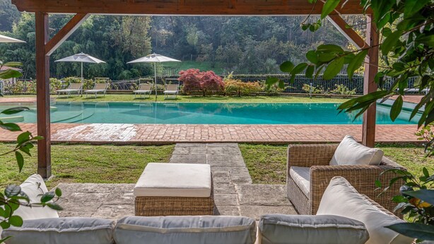 A poolside area with wicker furniture and umbrellas, a clear pool, and a forested backdrop. - Villa Vasari - Six Bedroom Villa, Sleeps 12 (Reggello)