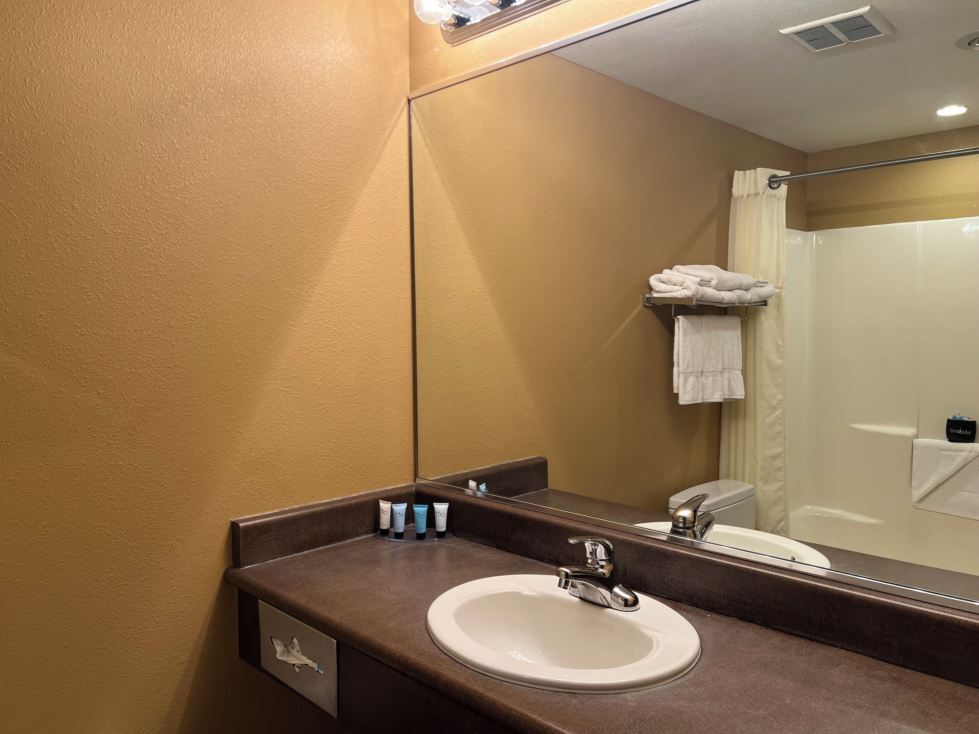 Une salle de bain avec un mur beige, un plan de toilette marron, un lavabo blanc et un miroir qui reflète l’espace de la douche.
