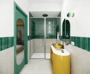 Regadera, secadora de cabello, toallas