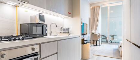 Fridge, microwave, oven, toaster