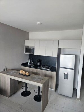 Fridge, microwave, oven, stovetop