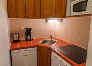 A compact kitchen with wooden cabinets, a built-in microwave, a sink, and a dishwasher.