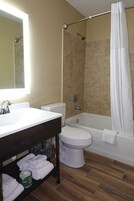 Combined shower/tub, hair dryer, towels, soap