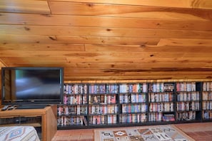 Een gezellige kamer met een houten plafond, een flatscreen televisie en een boekenplank vol boeken.