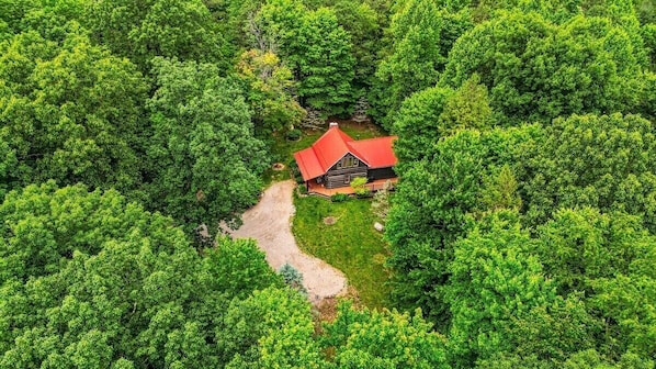 Een vogelperspectief van een chalet omringd door dicht bos.