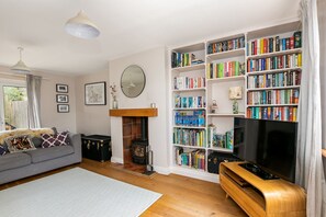 Smart TV, fireplace, books, video library