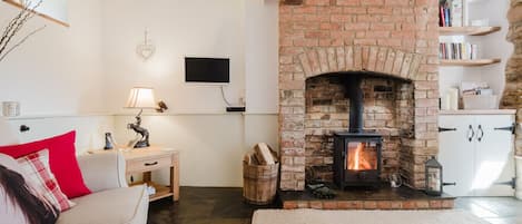 Smart TV, lareira, livros