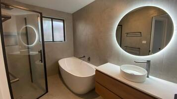 Shower, hair dryer, shampoo